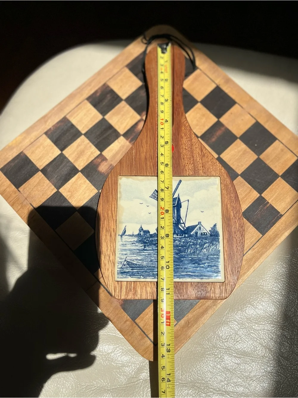 Vintage Wood Cheese Board- Wall Hanging with Delft-Style Tile